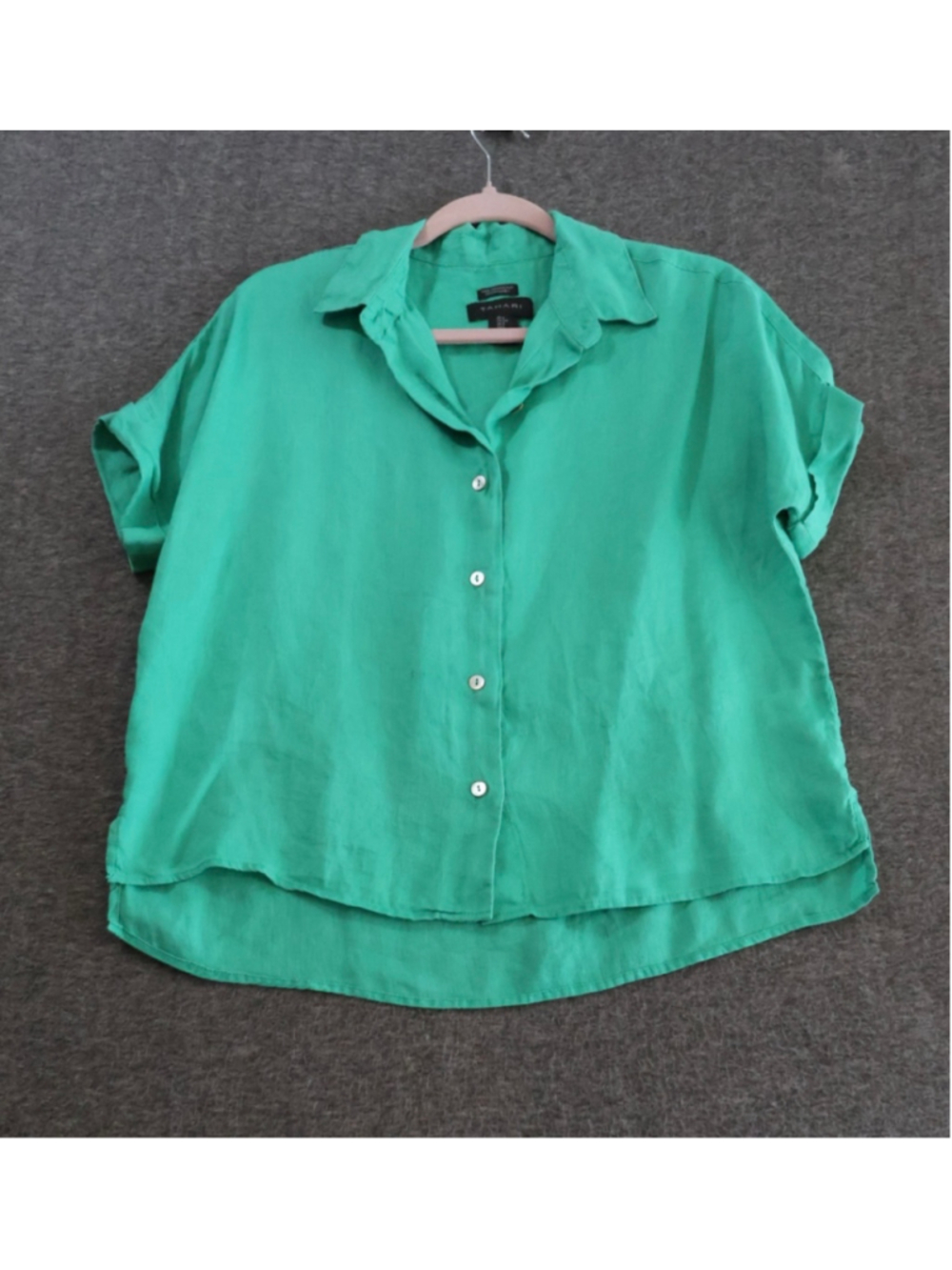 Tahari 100% Linen Button Front Shirt Green Short Sleeve Blouse Size Small - Picture 3 of 5